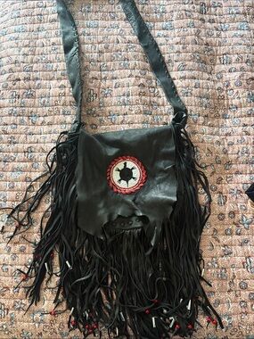 Black Fringe Crossbody Bag with Beaded Native-Inspired Medallion Soft Leather
